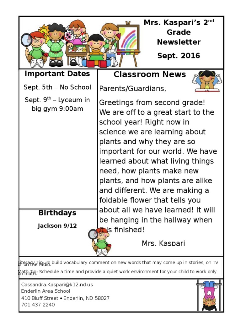 Mrs. Kaspari's 2nd Grade Newsletter Sept 2016 | PDF