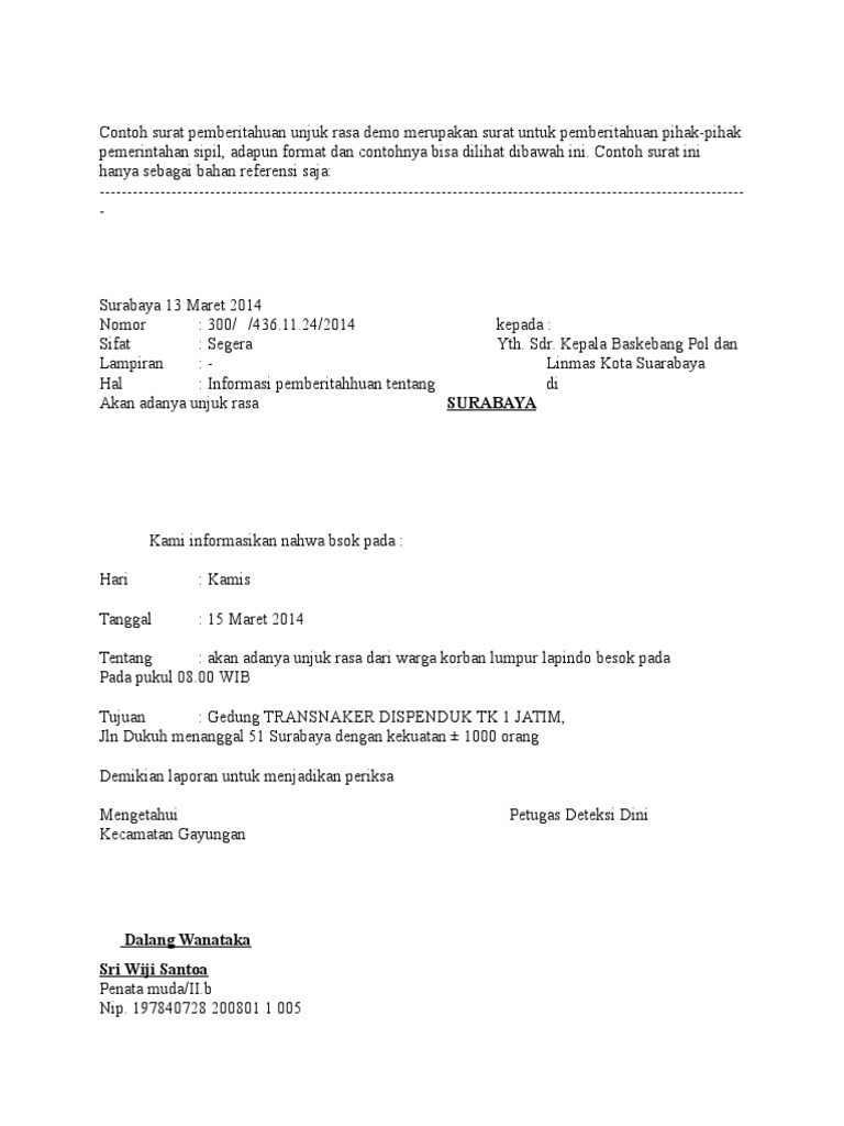 Contoh Surat Pemberitahuan Unjuk Rasa Demo Merupakan Surat Untuk Pemberitahuan Pihak