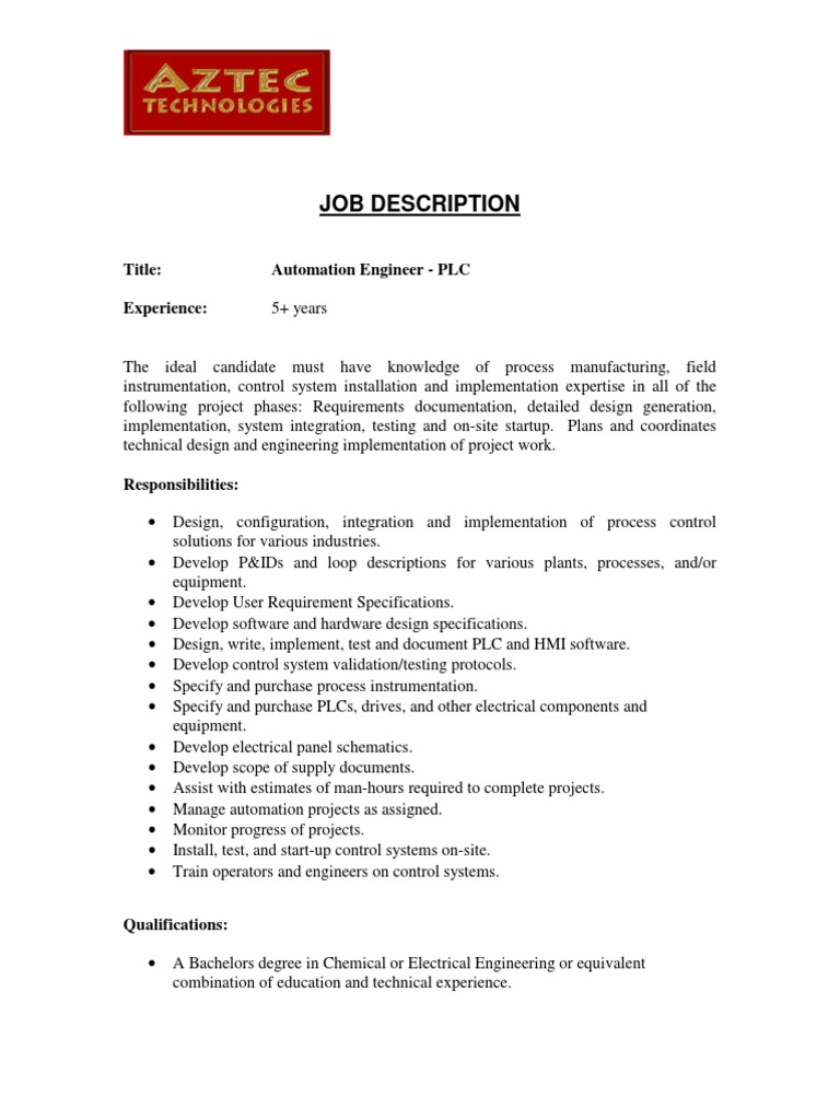 Job Description: Title: Automation Engineer - PLC Experience | PDF ...
