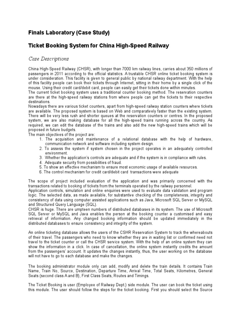 CHSR Online Ticket Booking System | PDF | Sql | Databases
