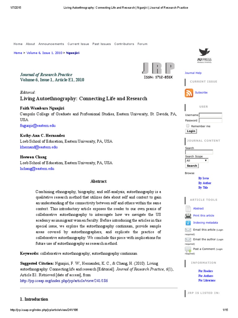 Living Autoethnography Connecting Life and Research Ngunjiri