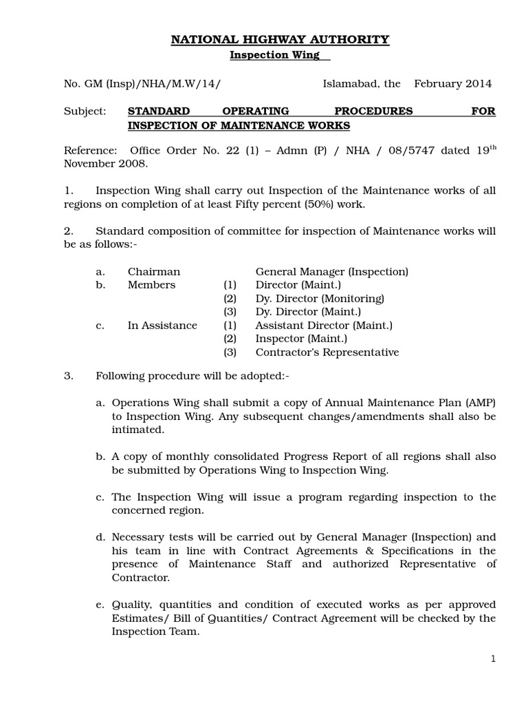 SOP for Maintenance Works Inspection | PDF | Road | Road Surface