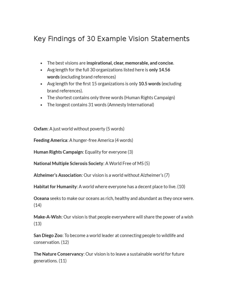 Key Findings of 30 Example Vision Statements | PDF | Politics | Social ...