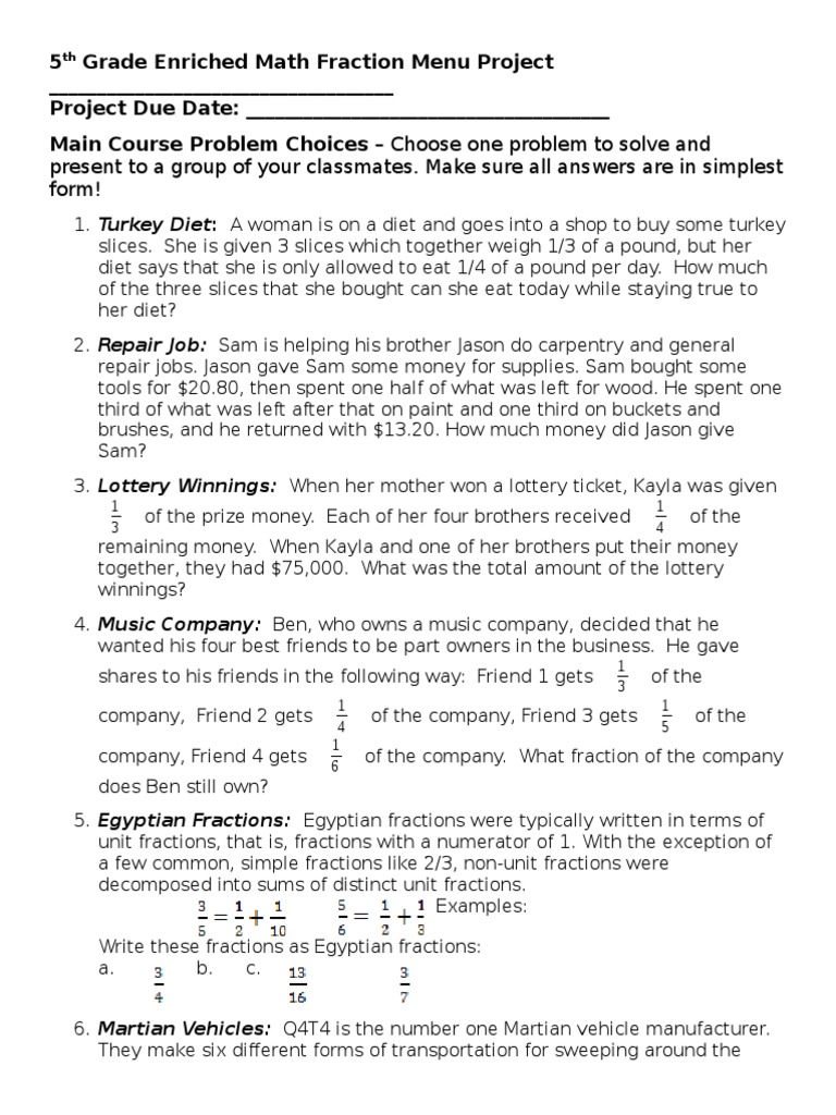 5th Grade Fraction Menu Project | PDF | Fraction (Mathematics ...