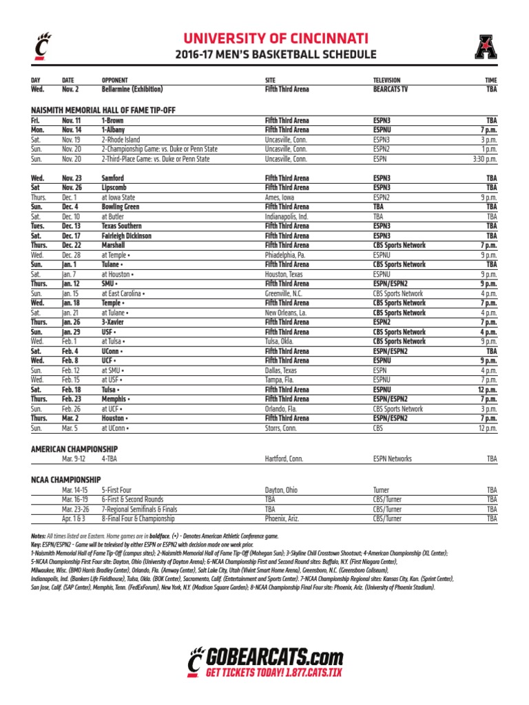 University Of Cincinnati 2016 17 Men S Basketball Schedule Sports 