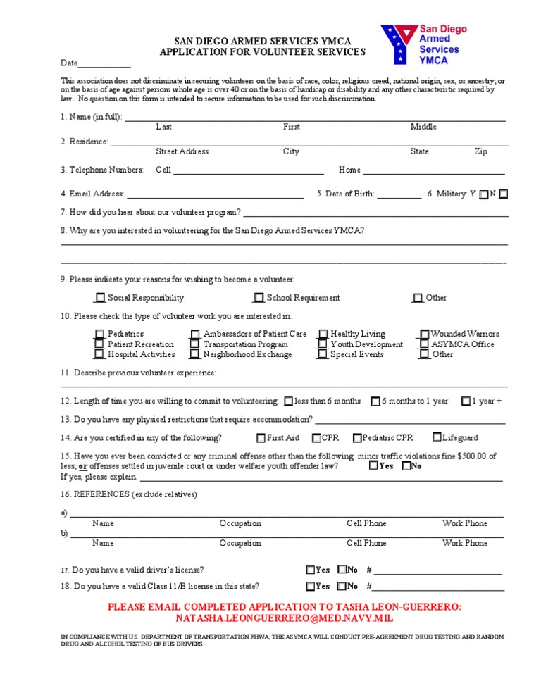 Volunteer Application for ASYMCA San Diego | PDF | Volunteering ...