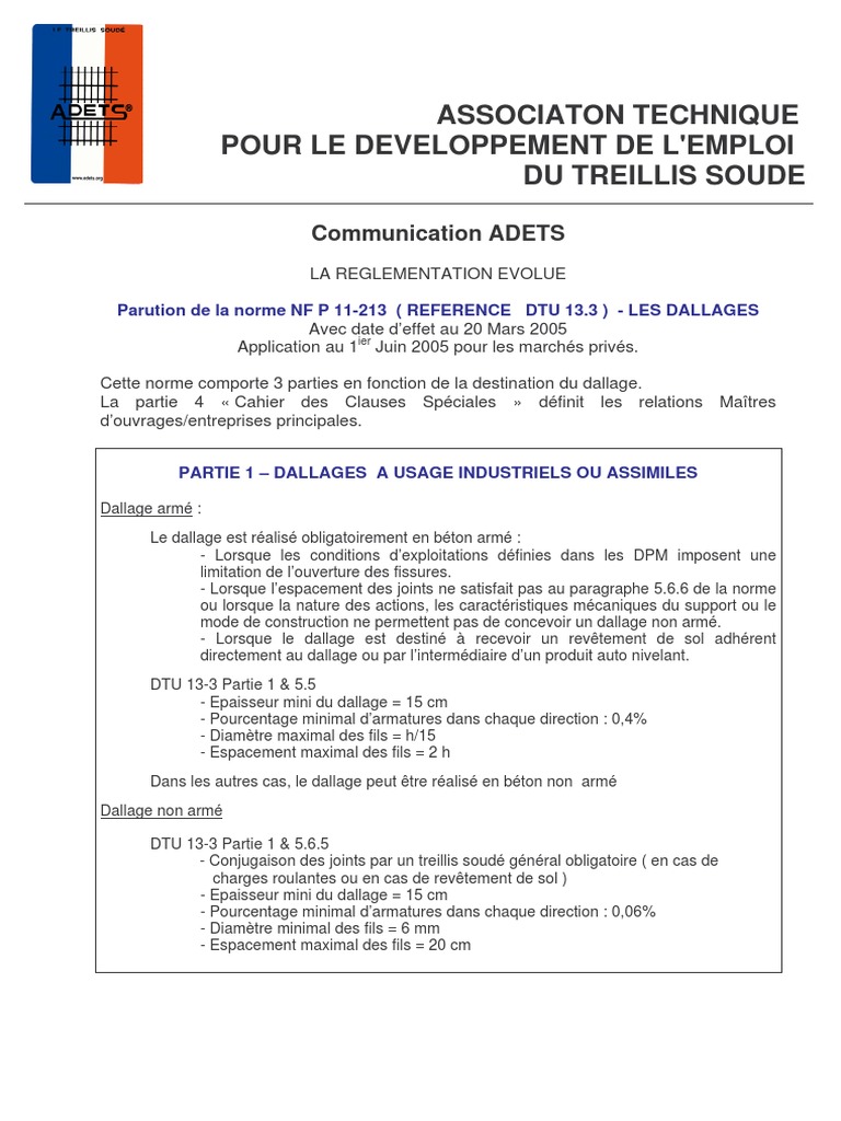 Norme DTU 13.3 sur les Dallages | PDF | Code de la construction et de l ...