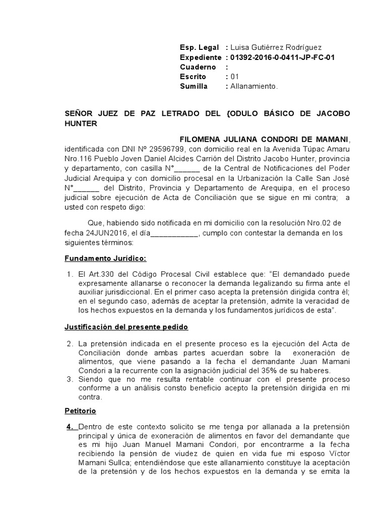 Modelo de Escrito de Allanamiento PDF