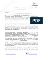 Escrito Solicitando La Nulidad de Actuaciones de Una Sentencia Por Falta de Citación A Juicio PDF