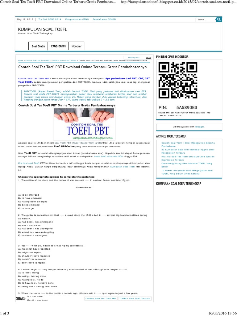 Contoh Soal Tes Toefl Pbt Download Online Terbaru Gratis Pembahasannya Kumpulan Soal Toefl