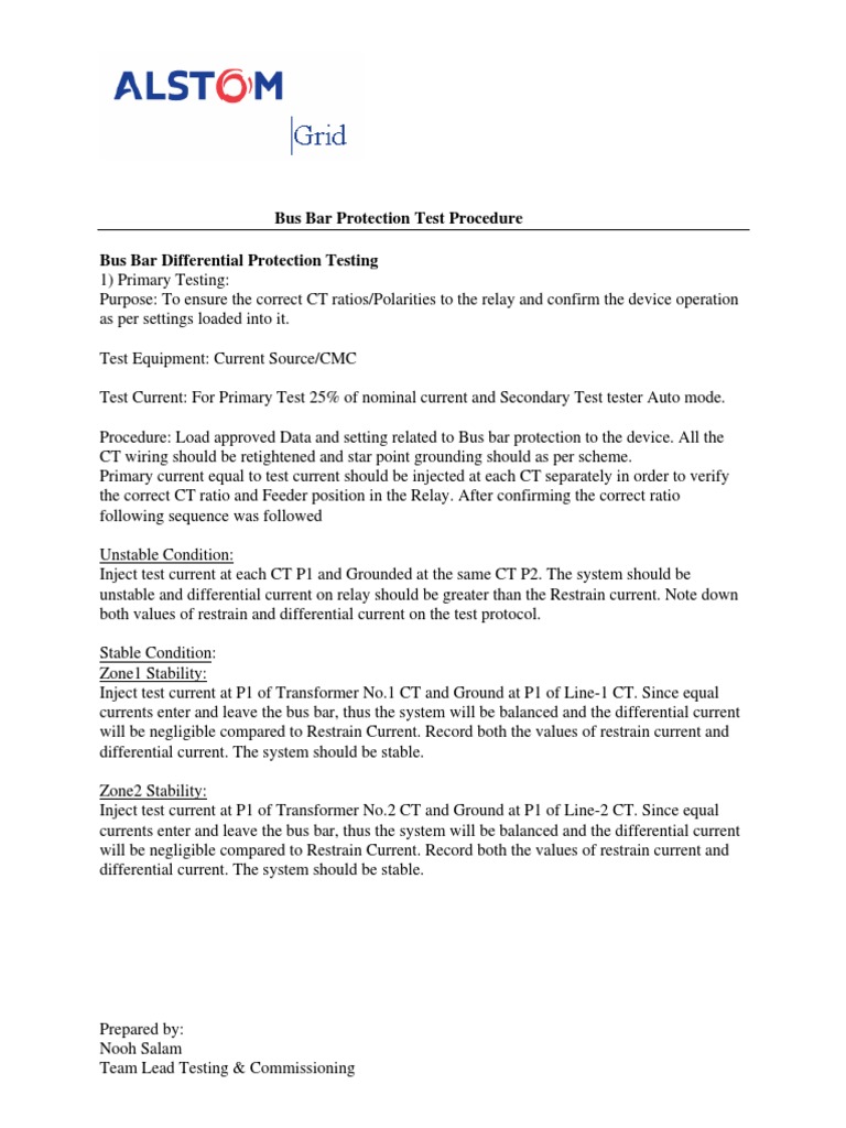 Bus Bar Protection Testing Procedure | PDF | Transformer | Relay