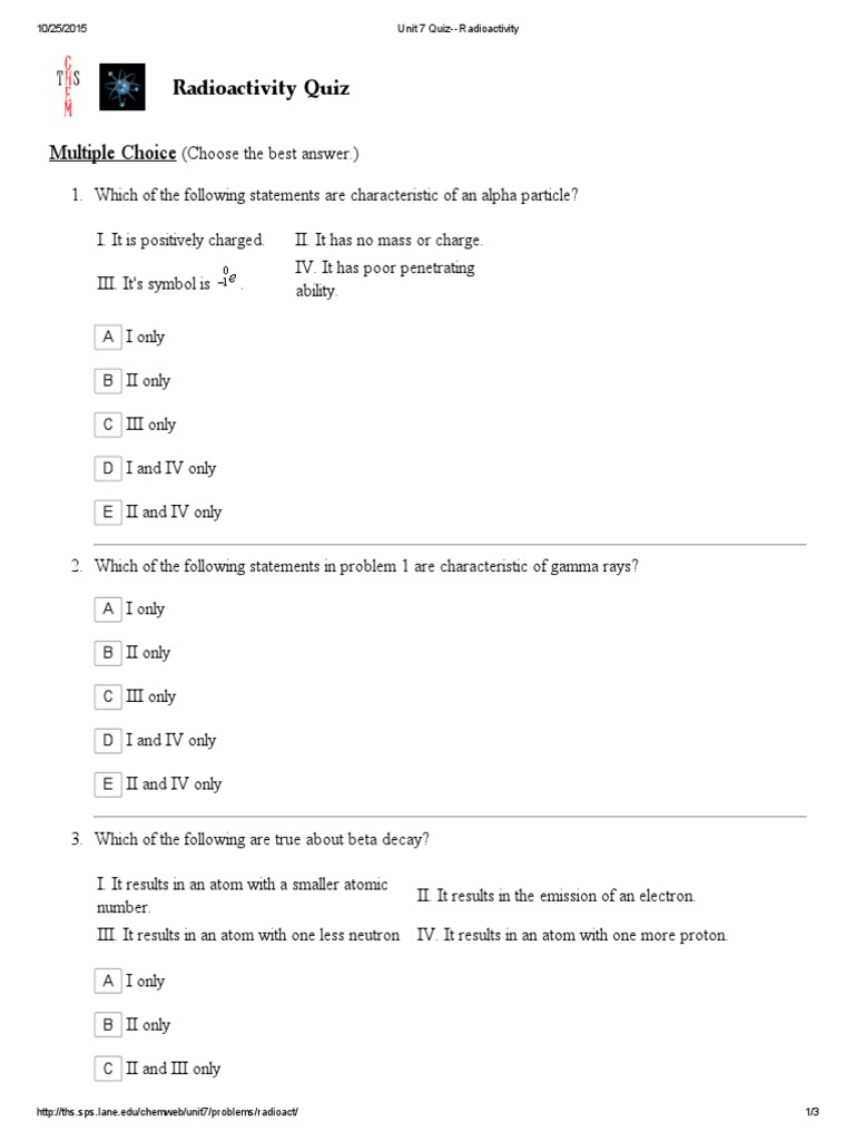 Unit 7 Quiz Radioactivity