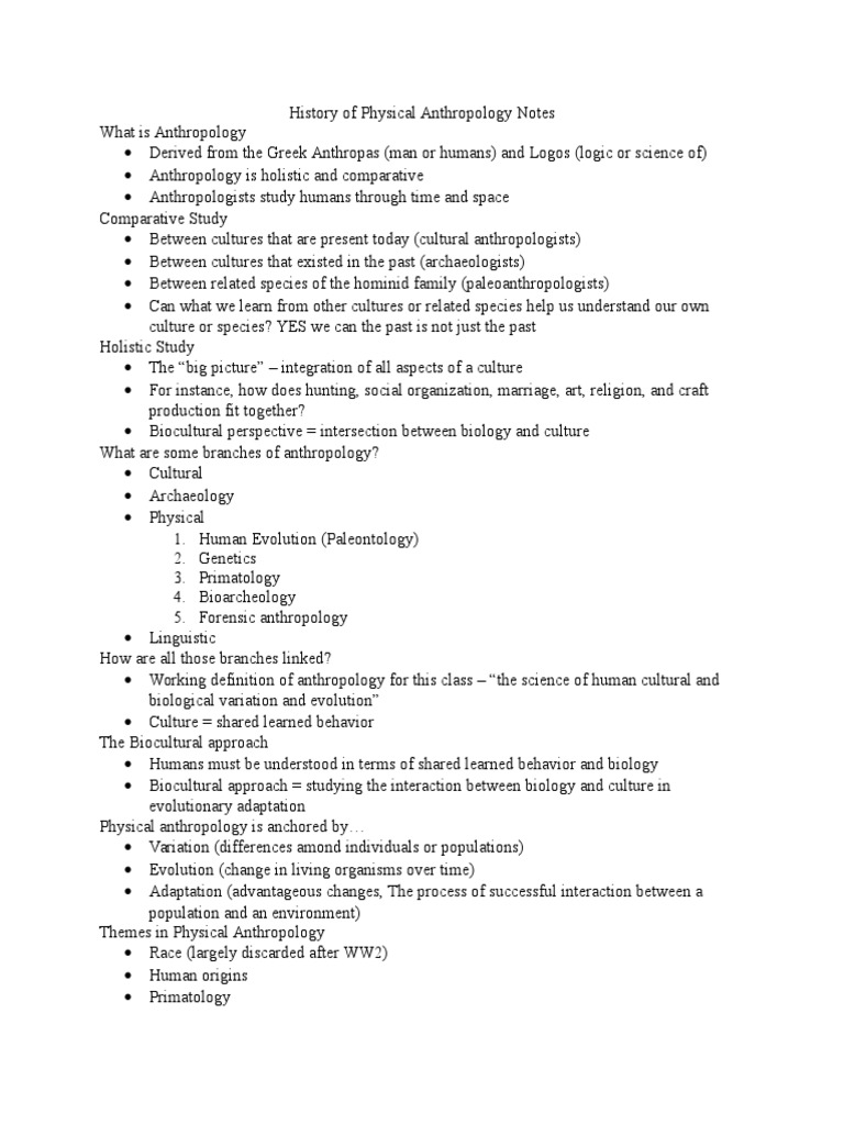 History of Physical Anthropology Notes PDF Biological Anthropology
