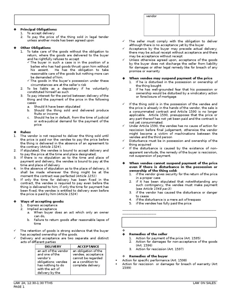 LAW 2A NOTES Obli of Vendee Until End of Sales PDF Assignment (Law