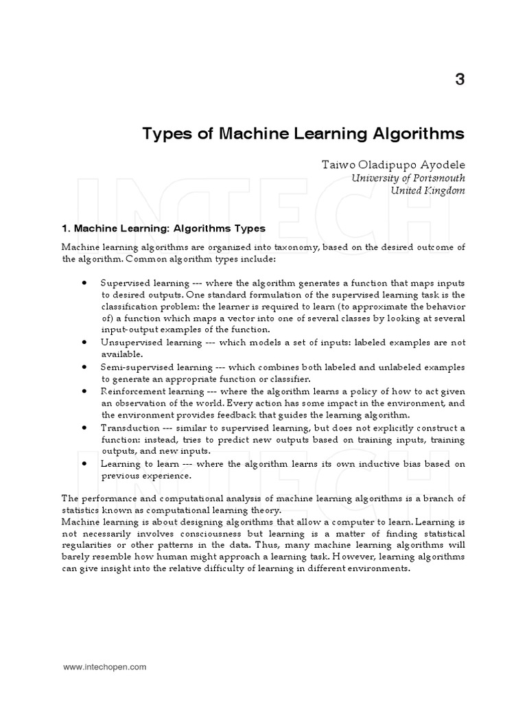 Types of Machine Learning Algorithms | PDF