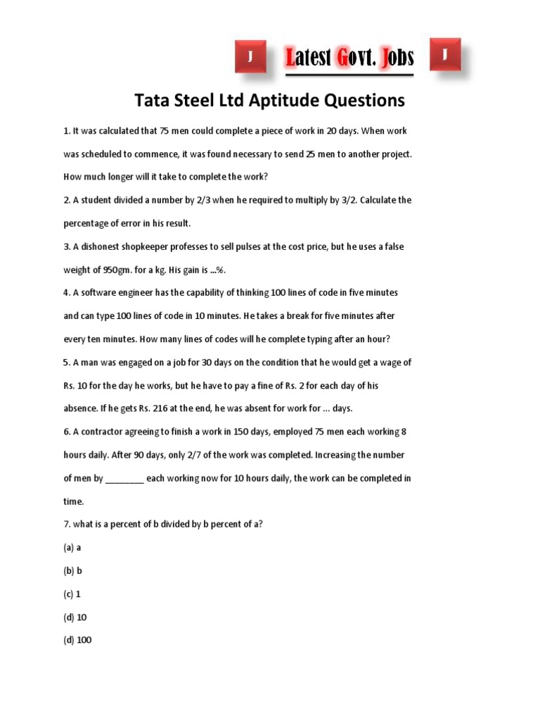 (Www.entrance Tata Steel Ltd Aptitude Questions Percentage