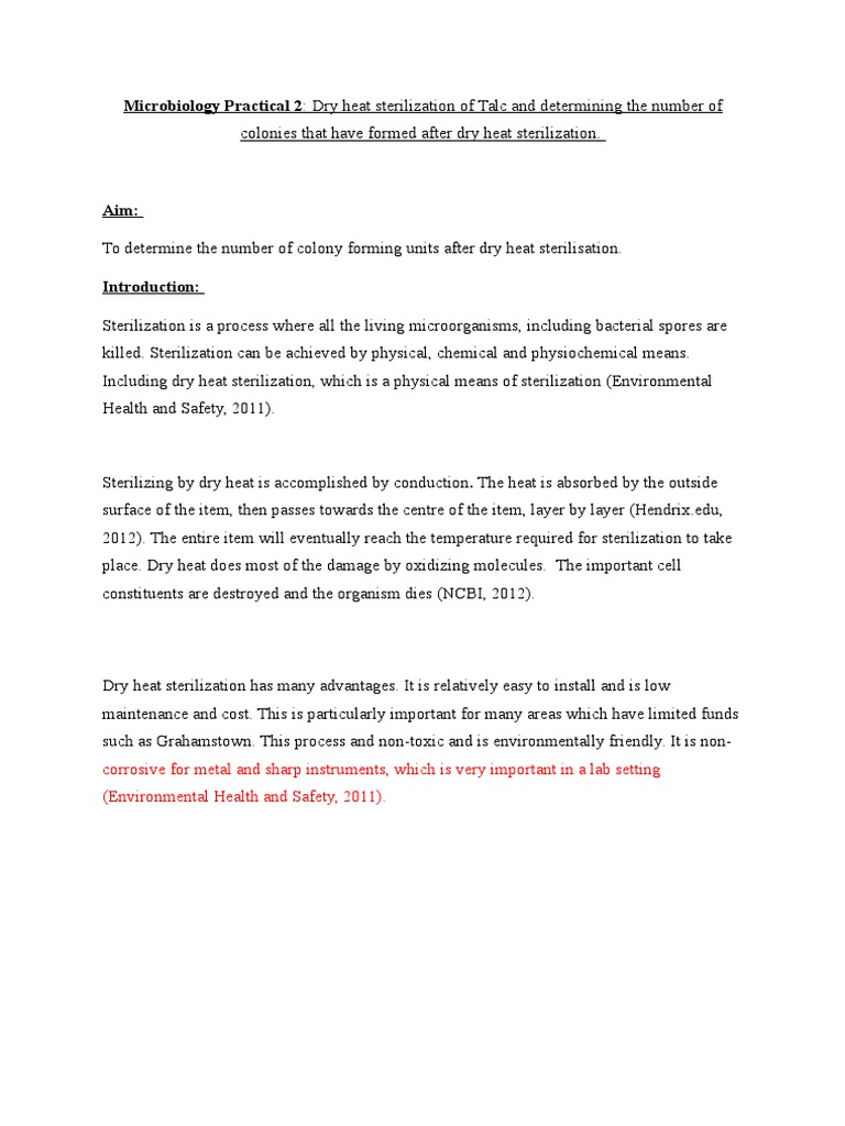 Analysis of Dry Heat Sterilization of Talc An Investigation of Colony