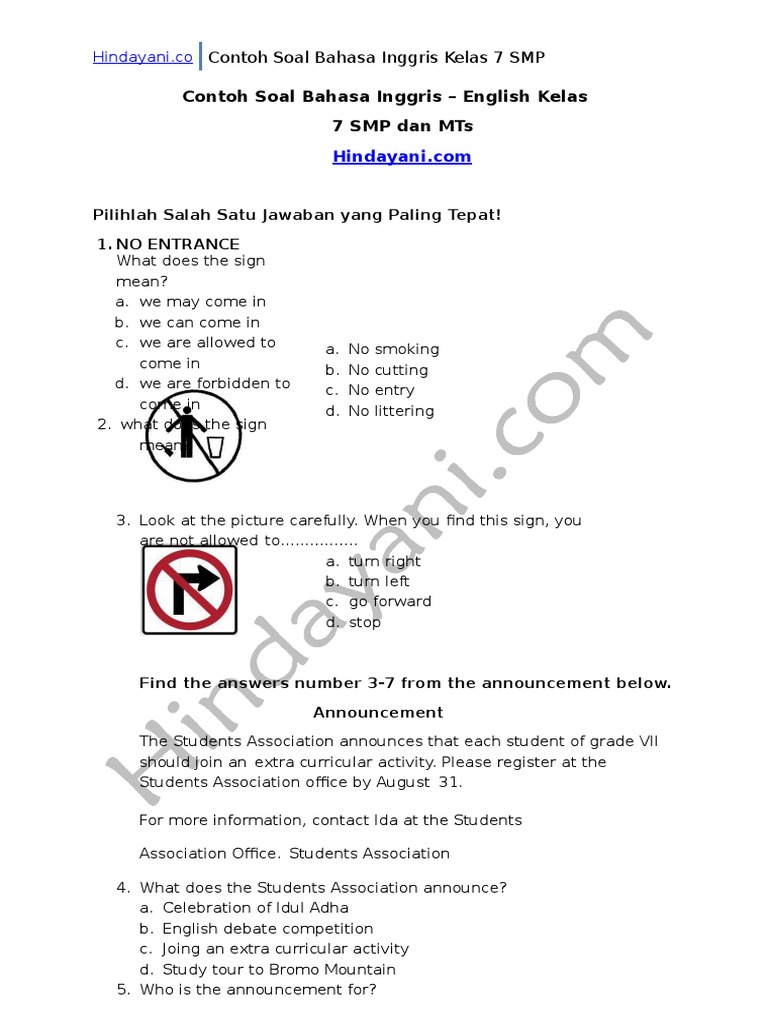 Contoh Soal Bahasa Inggris English Kelas 7 Smp Dan Mts Hindayani Com 1 Docx
