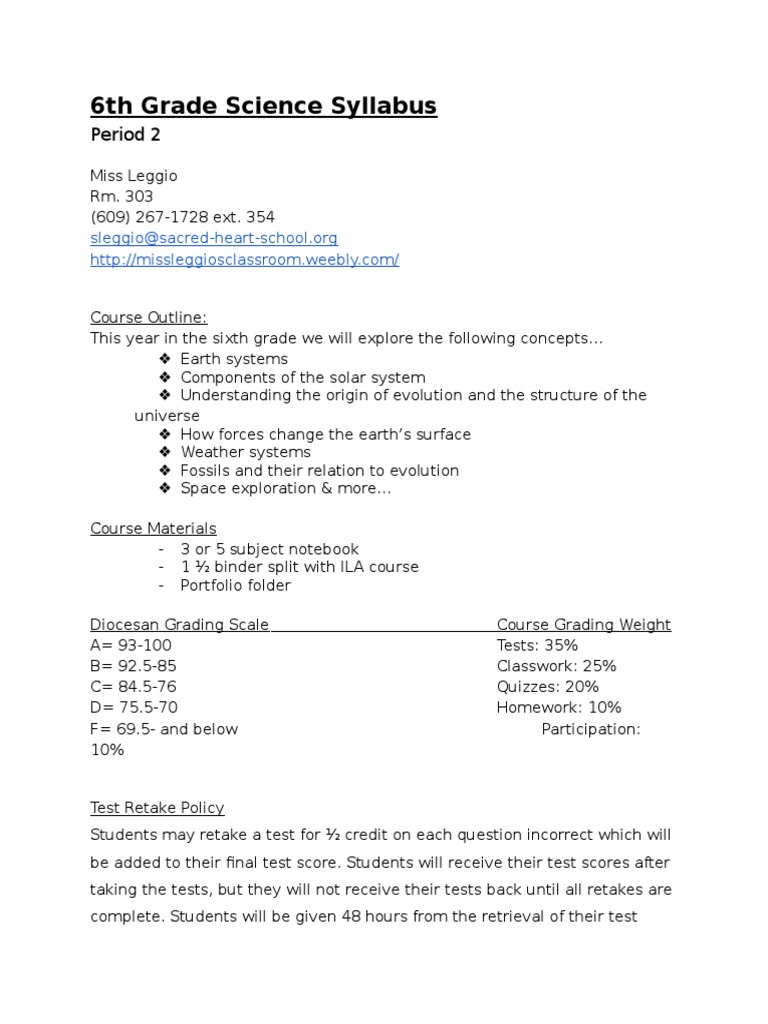 6th Grade Science Syllabus Period 2