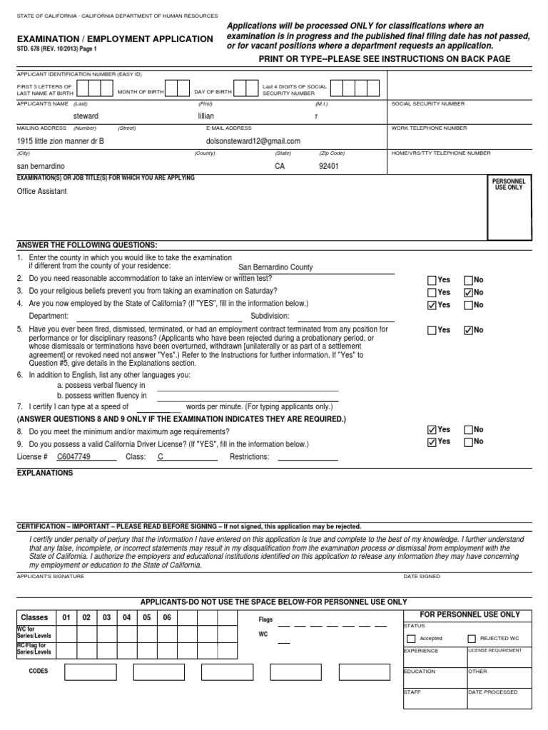 Examination / Employment Application: Print or Type - Please See ...