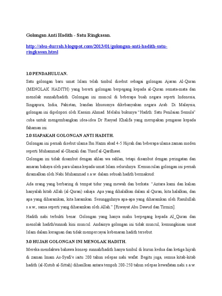 Golongan Anti Hadith: Pemahaman dan Hujah | PDF | Ilmu Sosial