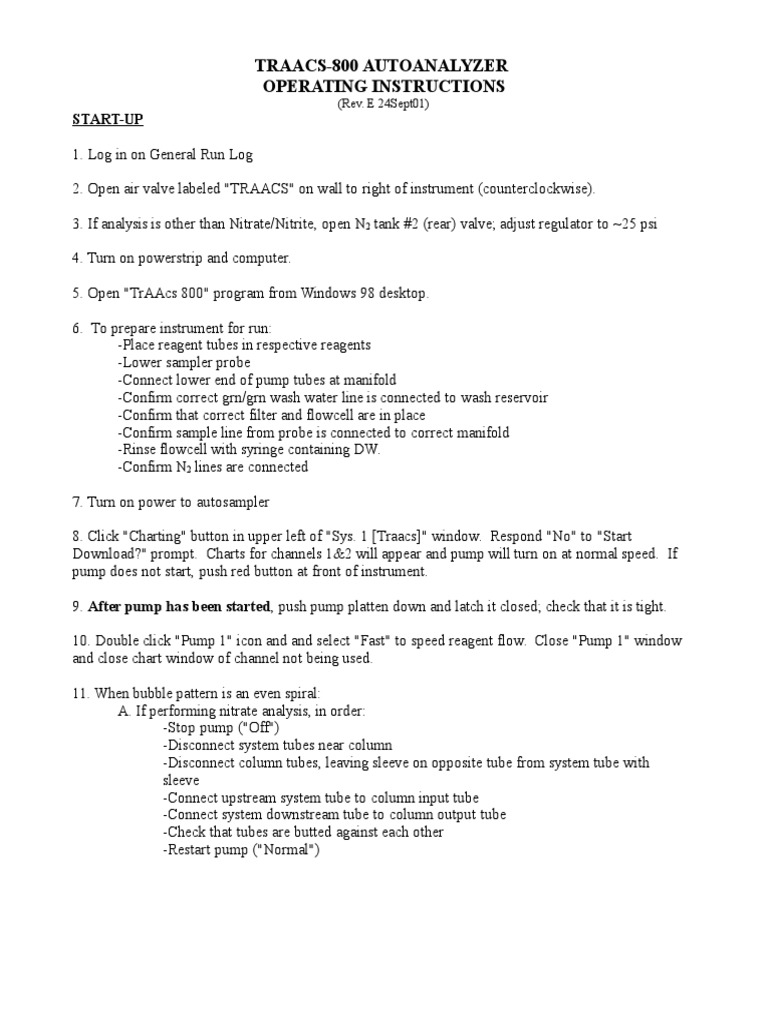 Traacs-800 Autoanalyzer Operating Instructions: Start-Up | PDF ...
