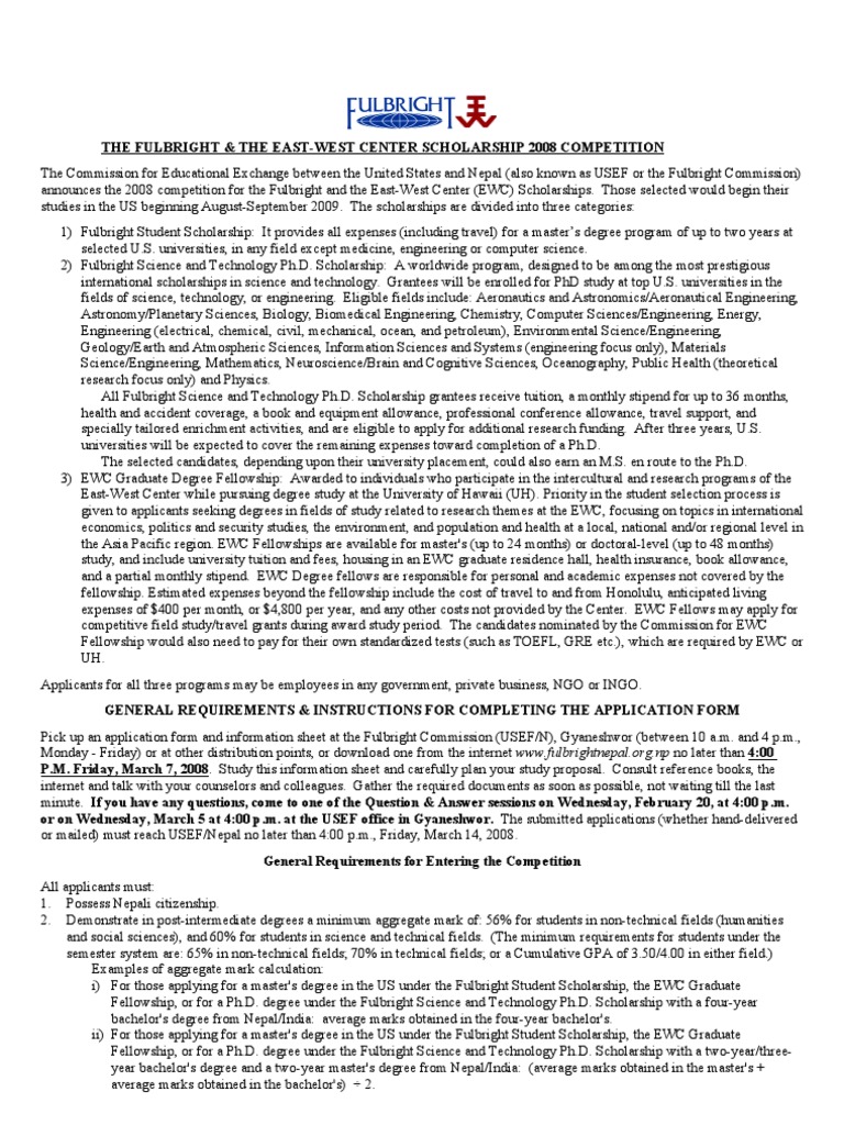 Fulbright & EWC Application 20092010 Doctor Of Philosophy Academic