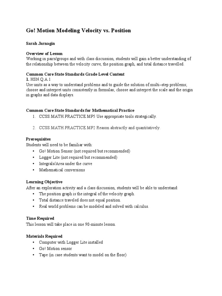 Velocity and Position Graphing Lesson | PDF | Calculus | Common Core ...