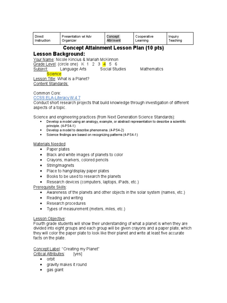 Concept Attainment Lesson Planets Orbit
