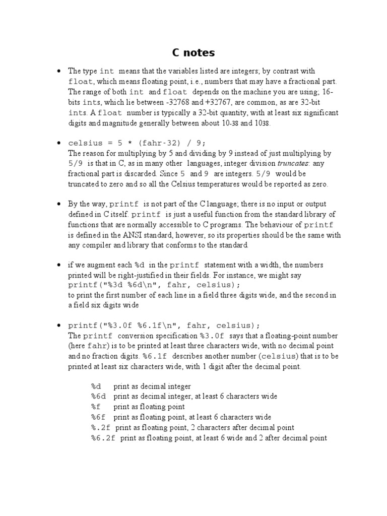 C Notes: Int Float Int Float Int Int Float | PDF