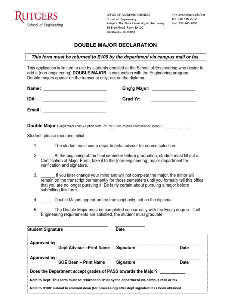 Double Major Declaration: This Form Must Be Returned To B100 by The ...