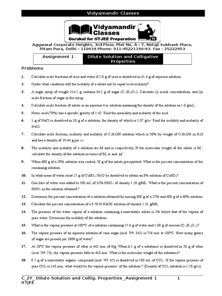 C 2Y Dilute Solution and Colligative Properties Assignment 1