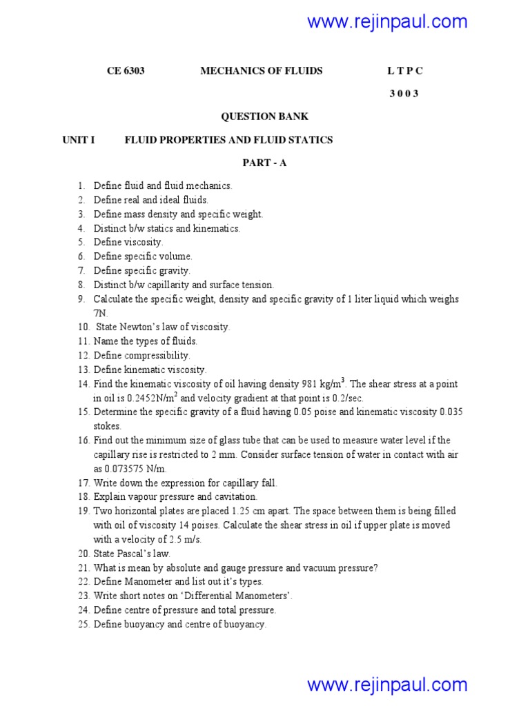 Fluid Mechanics Question Bank CE 6303 | PDF | Boundary Layer | Fluid ...