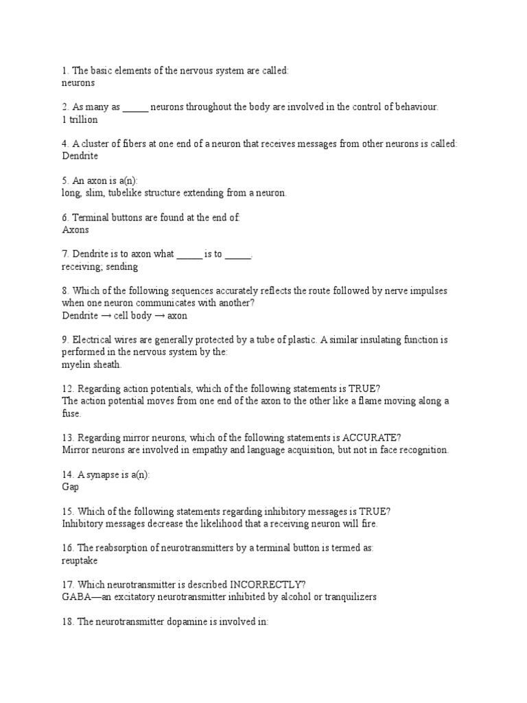 Ch 3 Quiz A Neuron Neurotransmitter