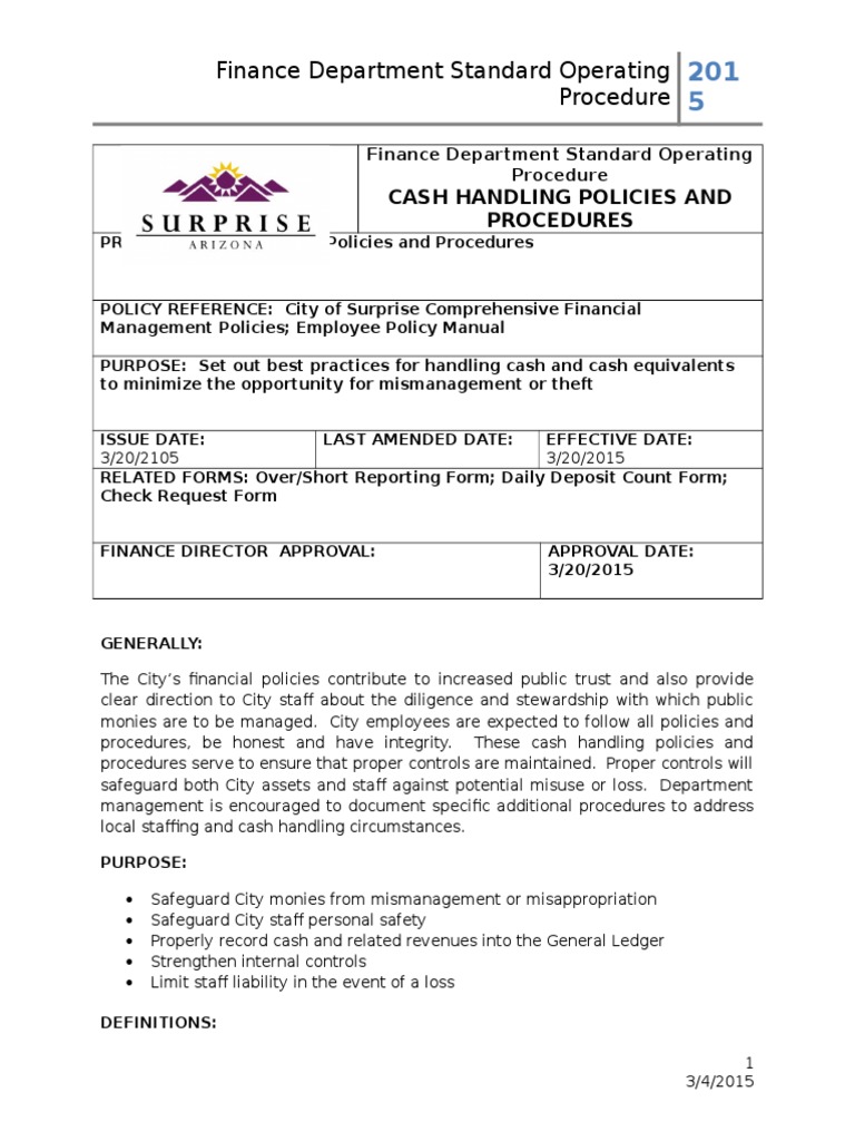 Finance Department Standard Operating Procedure Cash Handling Policies And Procedures Cheque