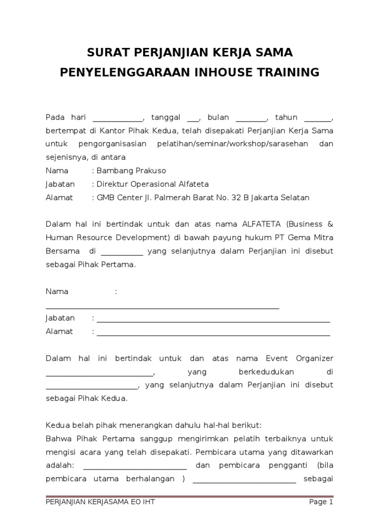 Surat Perjanjian Kerja Sama Inhouse Training