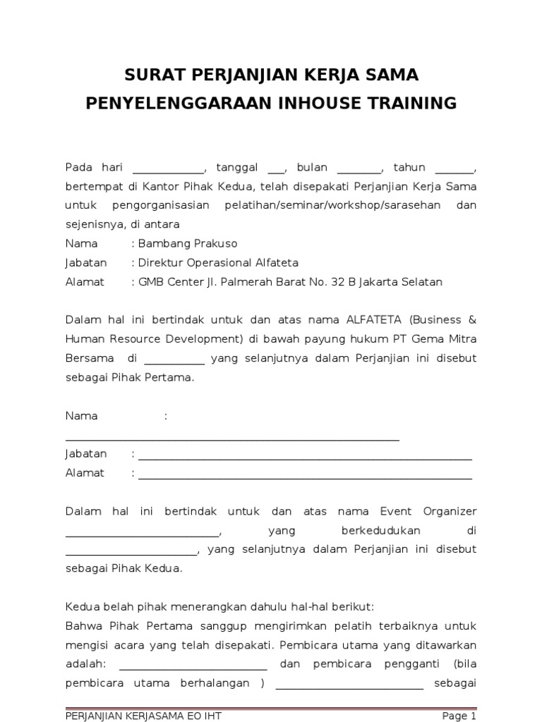 Surat Perjanjian Kerja Sama Inhouse Training  PDF