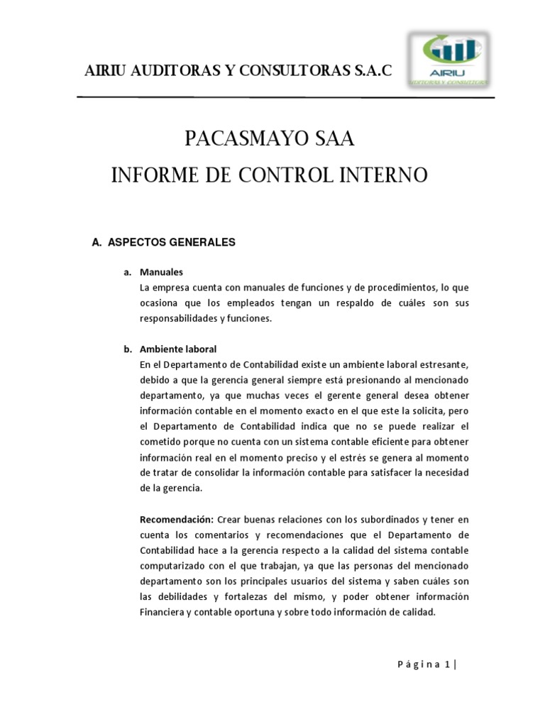 Informe de Control Interno Pacasmayo SAA | PDF | Contabilidad | Impuestos