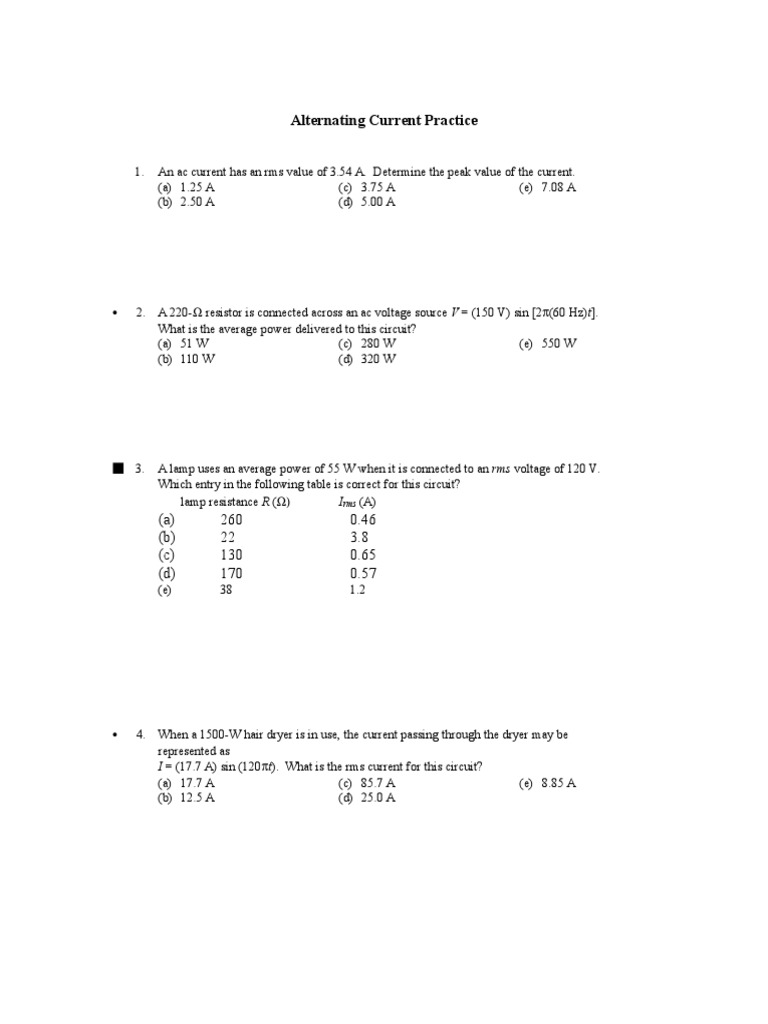 Alternating Current Practice | PDF | Alternating Current | Sine
