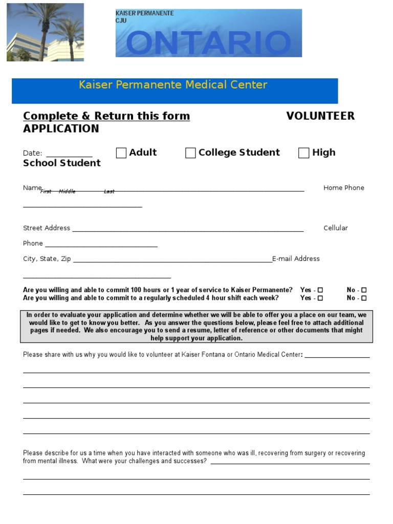 Kaiser Volunteer Application PDF Kaiser Permanente Volunteering