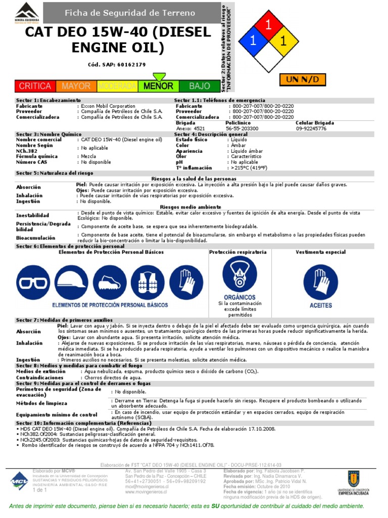 Cat Deo 15w 40 (Diesel Ingine Oil) Sistema respiratorio Primeros