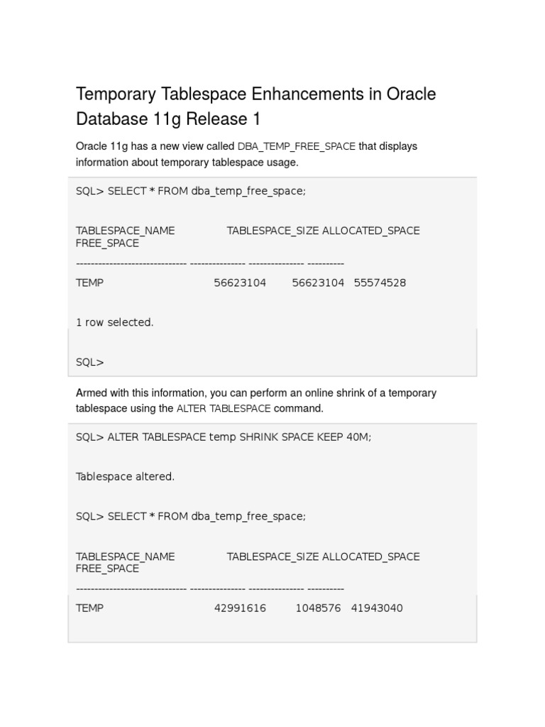 Temporary Tablespace Enhancements in Oracle Database 11g Release 1 | PDF