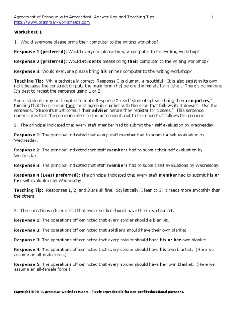 worksheet Pronouns And Antecedents Worksheets worksheet pronoun antecedent thedanks for everyone lesson agreement answers tips 1 grammatical gender