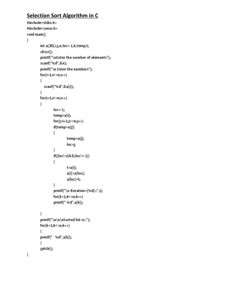 Selection Sort Algorithm in C | PDF
