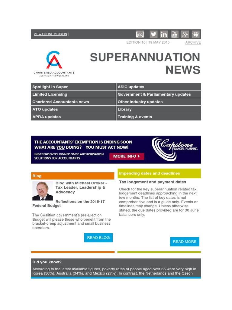2016 Superannuation News Edition 10 Capital Gains Tax Taxes - 
