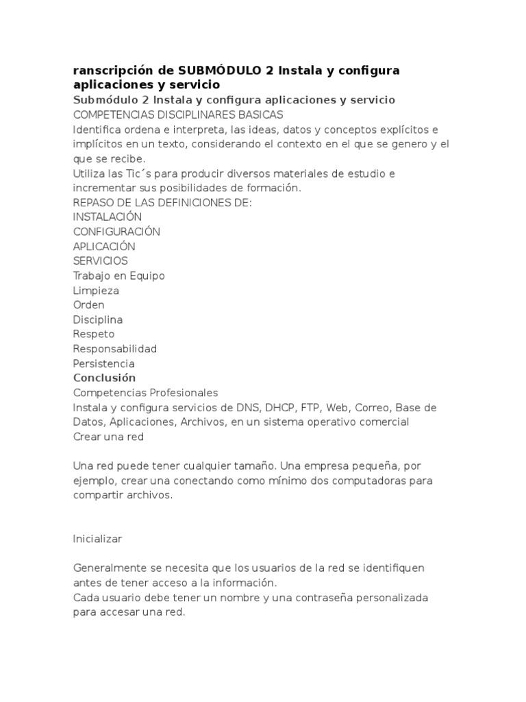 Ranscripción de SUBMÓDULO 2 Instala y Configura Aplicaciones y Servicio ...