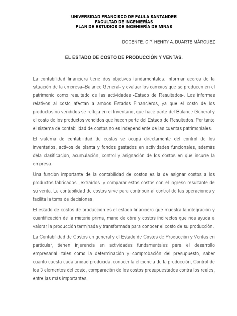 Estado de Costos de Producción y Ventas | PDF | Costo | Estado de ...