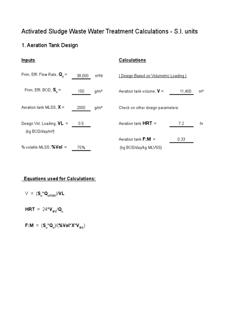Activated Sludge Waste Water Treatment Calculations - S.I. Units | PDF