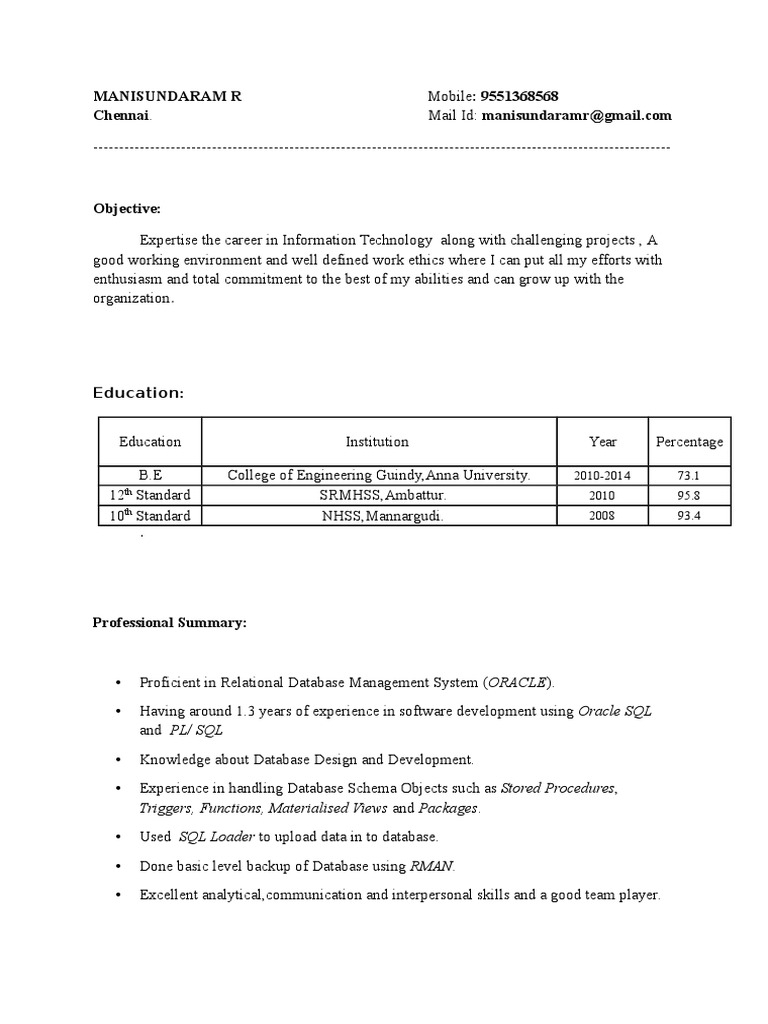 PLSQL Resume 1-2 Years | PDF