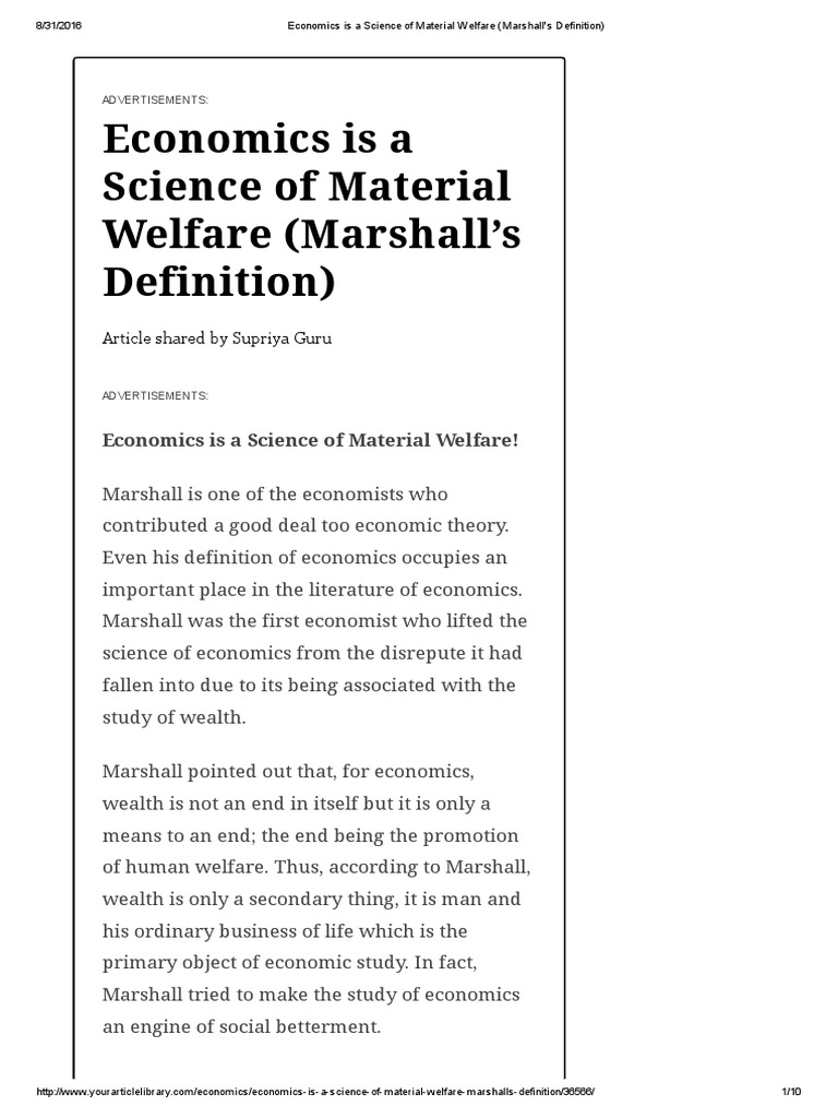 Economics Is A Science of Material Welfare (Marshall's Definition) PDF
